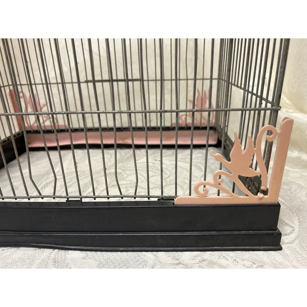 Vintage MCM Beco Bird Cage Pink Bird Accents Black Base MCM Incomplete